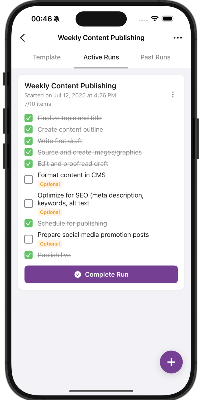 Active checklist with progress tracking